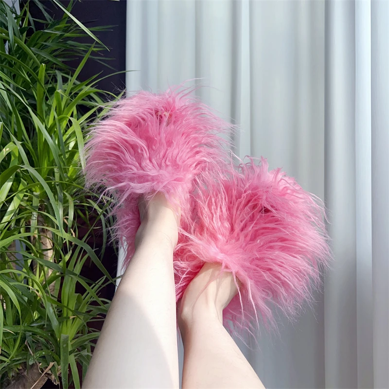 New Design Flat Bottom Fluffy Fuzzy Shoes Long Sheepskin Slide Women Faux Mongolian Fur Slippers 2023 winter fashion warm shoes