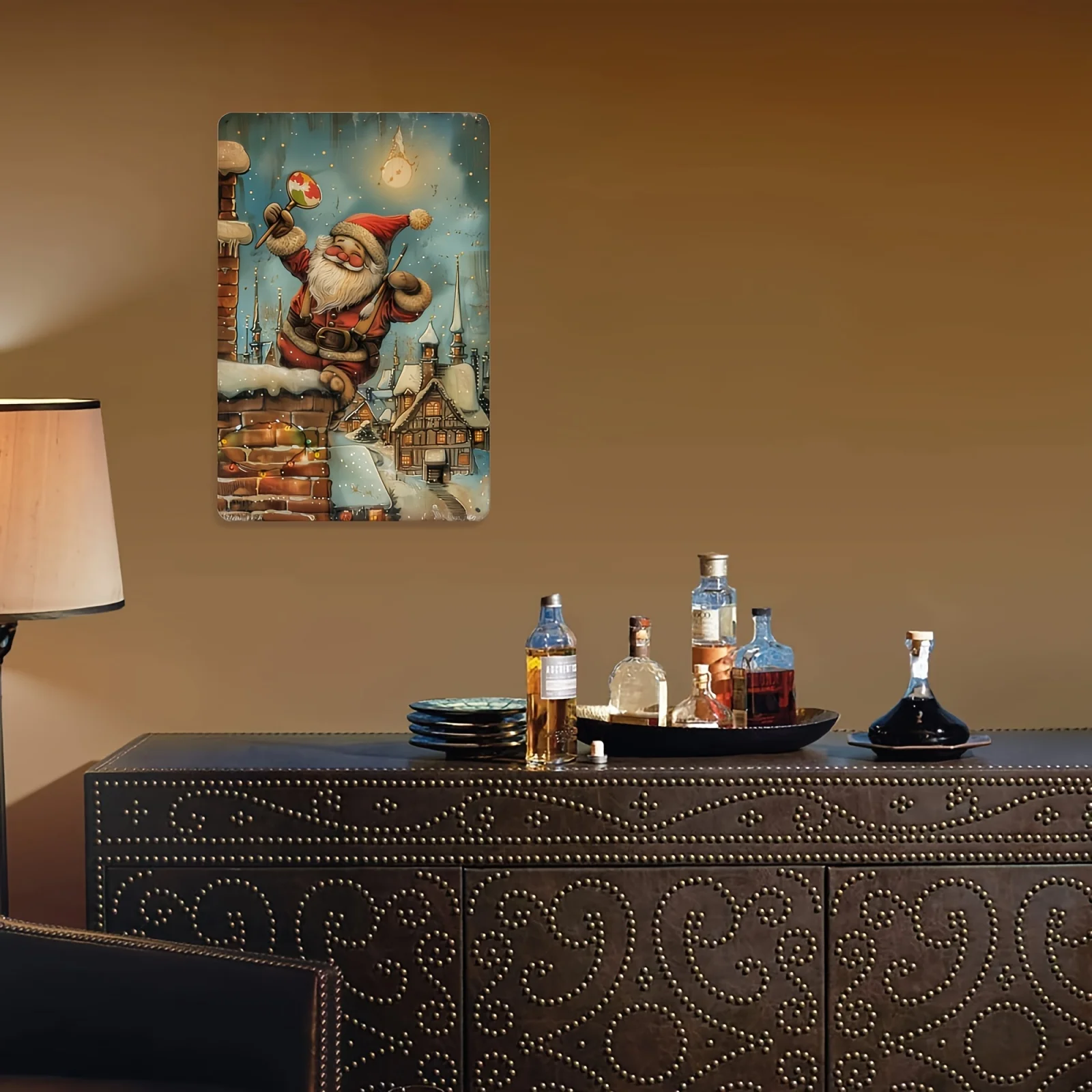 قطعة واحدة من لافتة القصدير العتيقة سانتا كلوز - 20.32 × 30.48 سم |   ديكور حائط ساحر للعطلات مع مشهد القرية الثلجية |   مثالية لغرفة المعيشة،