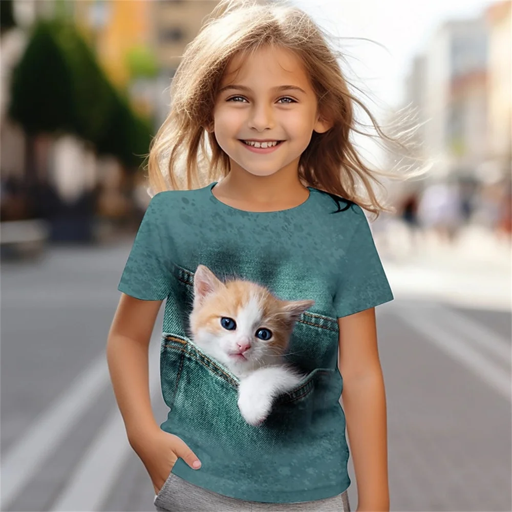 Simpatico gatto 3d stampato divertente abbigliamento per bambini maglietta per bambina maglietta estiva casual a maniche corte per ragazze