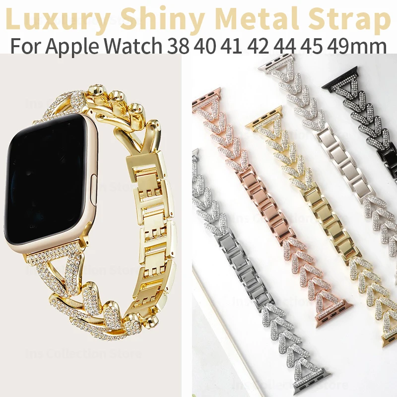 

Metal Wheat Strap for Apple Watch Band 44mm 41 42 38 40 45 49mm Bling Diamond Bracelet for Iwatch Serie 8 7 SE 6 5 4 3 Wristband