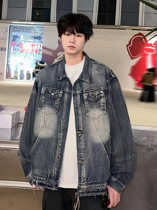 

Мужская джинсовая куртка в стиле ретро-американский шик, весенняя, свободного кроя, модная, брендовая, с эффектом потертости и классическим дизайном.