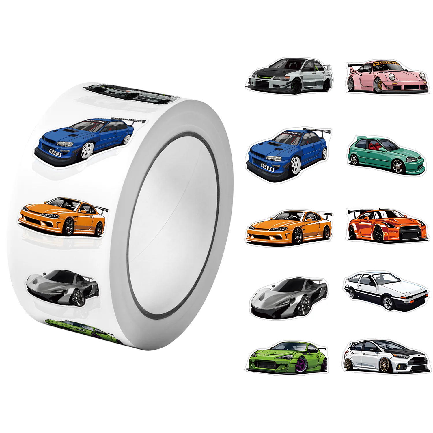 1Roll(500Pcs) Mini Sport Cars Stickers 2.5cm/1.0'' 10 Designs Decals Diy Adorn Gifts Packaging Home Decoration Sealing Labels