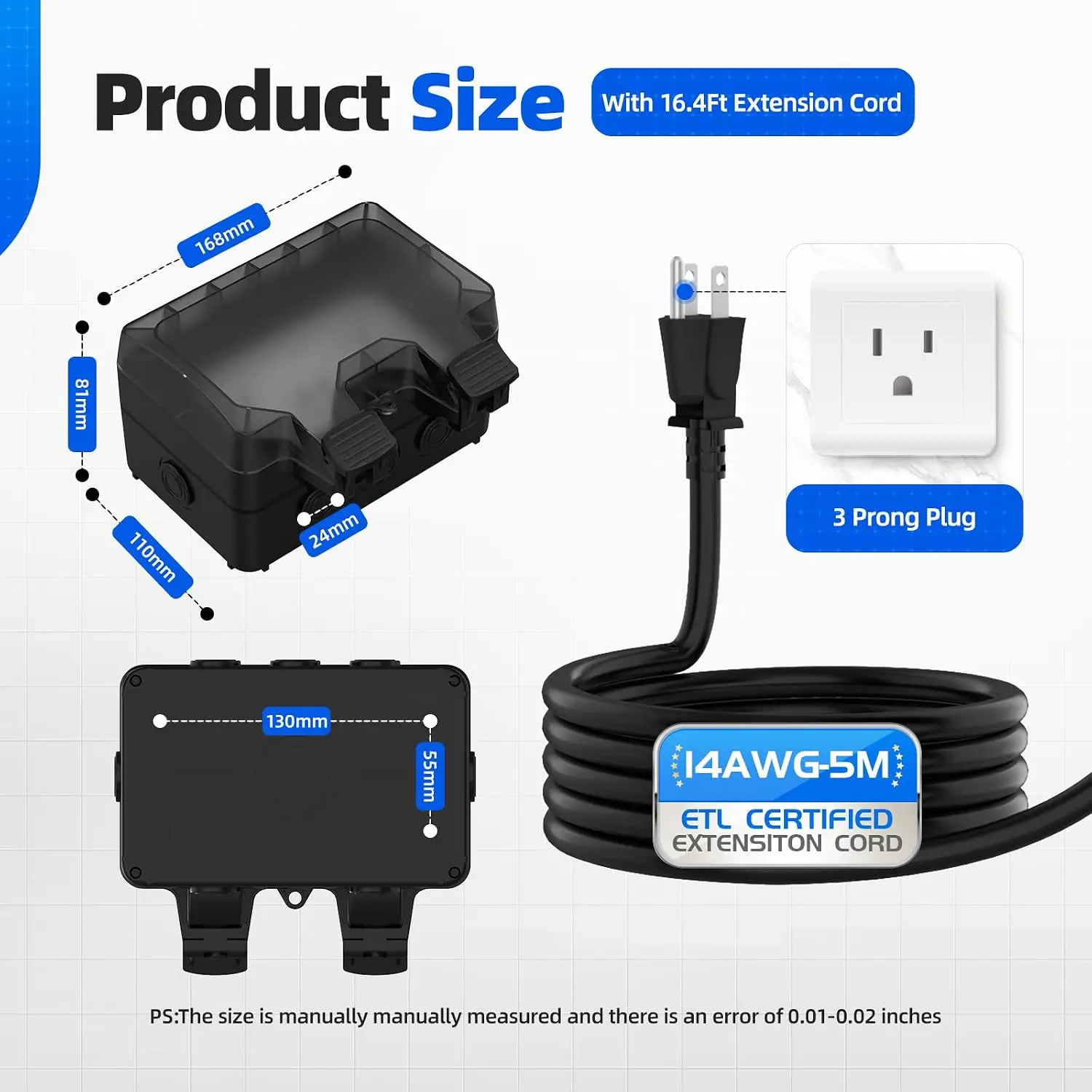 Outdoor Outlet Box With 16.4Ft Extension Cord, NEMA 5-15R, STW 14 AWG, IP66 Waterproof Power Extender On/Off Switch & LED