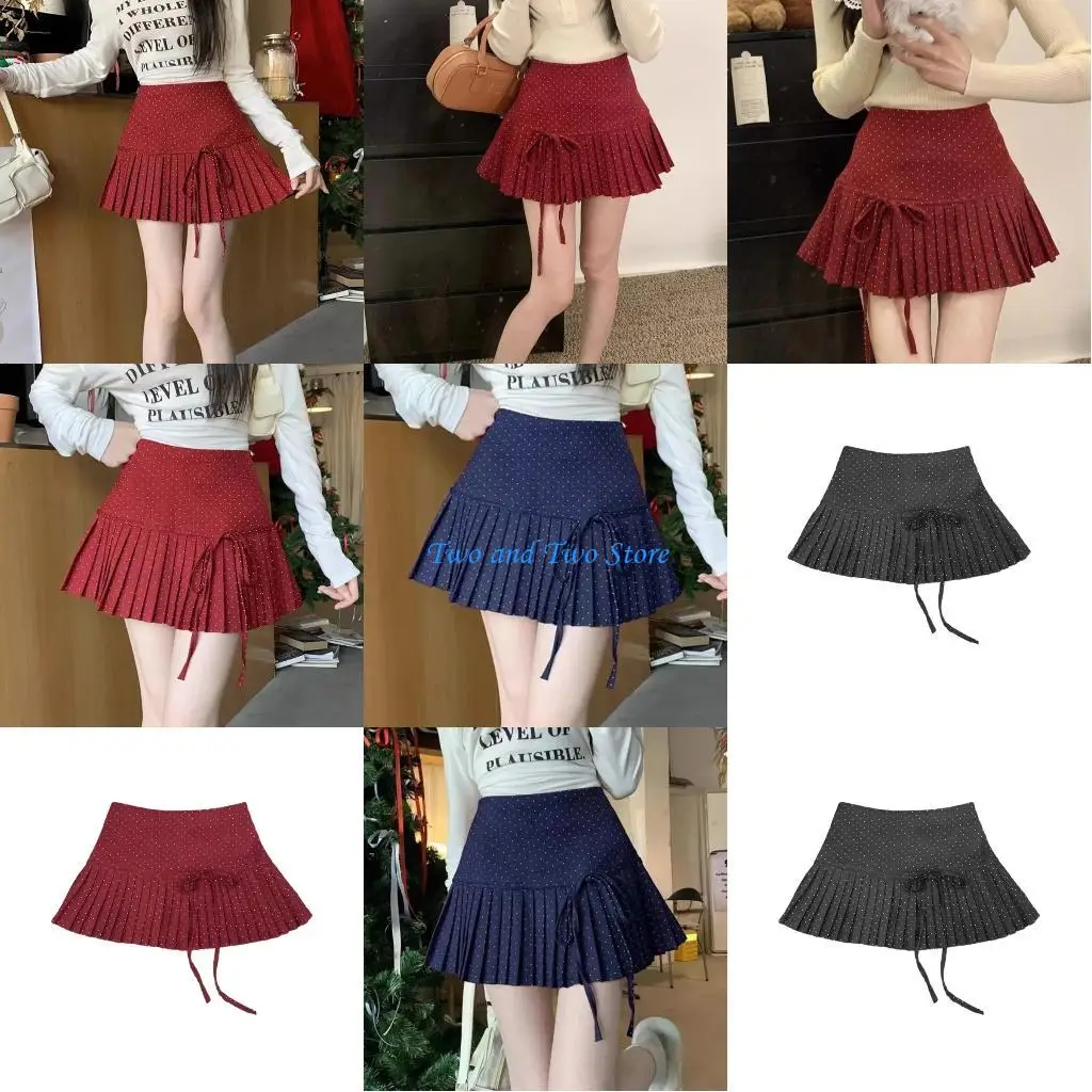 HX6F – jupe courte plissée évasée pour écolière, taille haute, imprimé à pois, nœuds doux, Mini jupe trapèze avec Short doublé