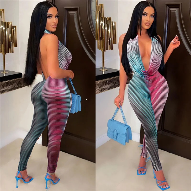 

Colorful Striped Bodycon Jumpsuits Sexy Club Outfits for Woman Overalls Festival Clothing Party Club Jumpsuit Backless Rompers