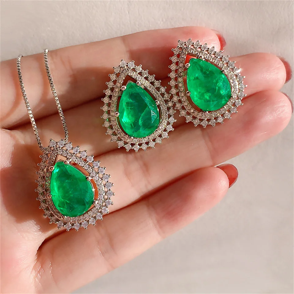 

Classic Emerald Jewelry Set Teardrop-Shaped Gemstone Necklace Earrings Set Main Stone 10*14 Micro-Inlaid Stainless Steel Jewelry