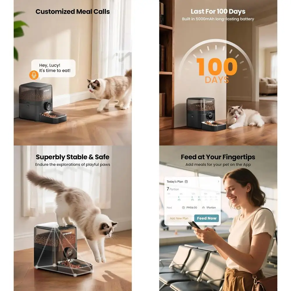 

Wireless Rechargeable 100-Day Battery Cat Feeder, 12 Cups/3L Automatic Dispenser for Large Kibble, Smart App Control