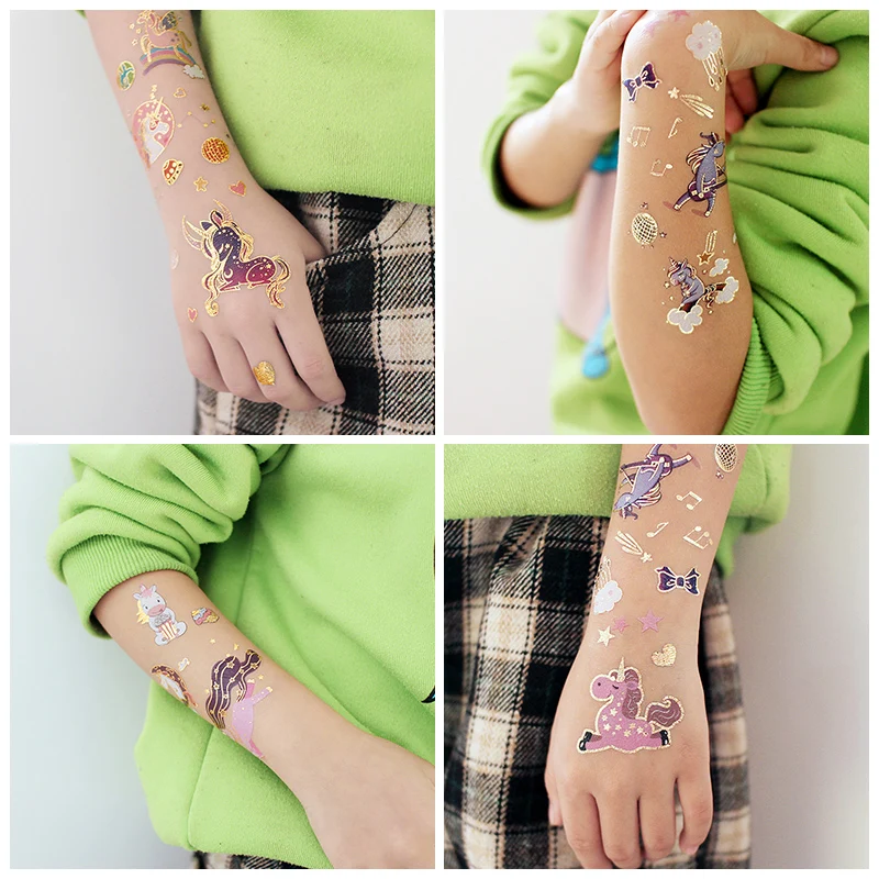 12 Sheet Gold Metal Flash Tattoo Unicorn Rainbow Waterproof Temporary Tattoo Sticker Body Art Face Tattoo Dinosaur Tattoo