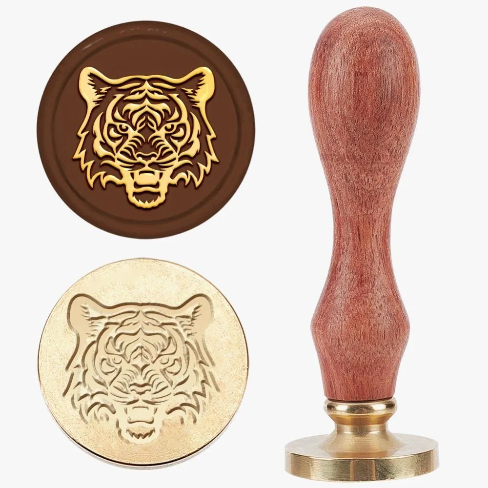 Tiger Seal Stamp 25mm Wild Animal Sealing Stamps Wildlife Brass Removable Heads Wood Handle for Gift Wrapping Envelopes Cards