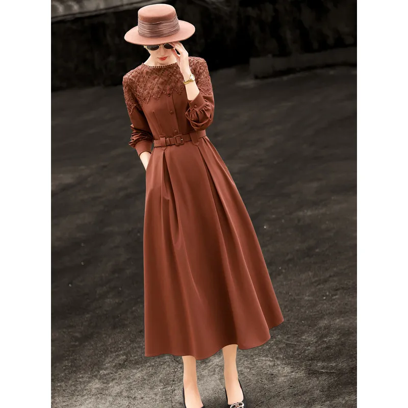 MEXCOCO Women Spring Autumn French Elegant A-line Midi Dress, Luxury Lace Spliced Waist Slim Party Dress