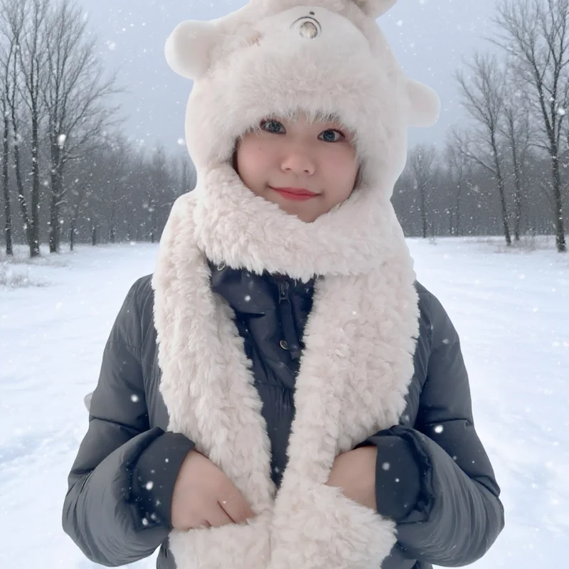 

4-12 years old cartoon stabbing face Labubuis plush hat, 2in1 labubu outdoor fluffy coral velvet winter scarf hat for kids gift