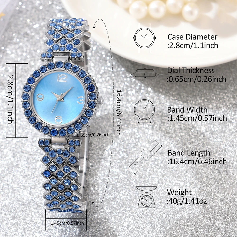 6PCS/Set Women Blue Watch Fashion Light Luxury Blue Dial Wristwatch Alloy Strap Watch Blue Jewelry Set Gift For Girls