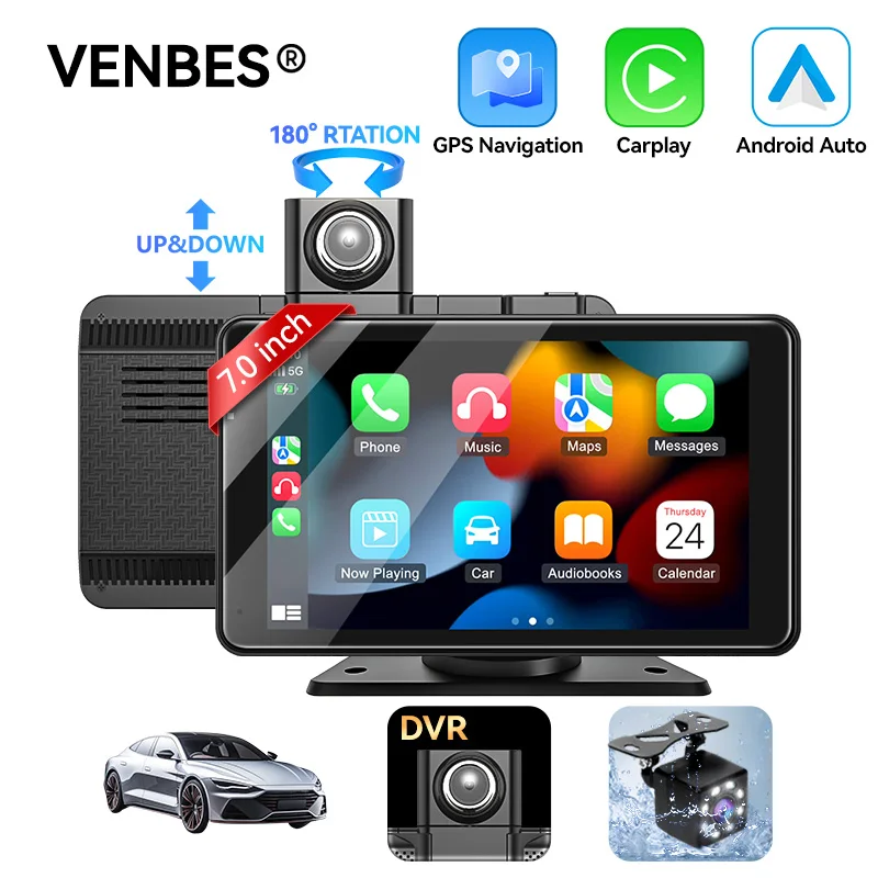

VENBES 7-дюймовый автомобильный радиоприемник, беспроводной Carplay, Android, автоматический встроенный видеорегистратор, универсальный авто аудио, Bluetooth, Muti-fit