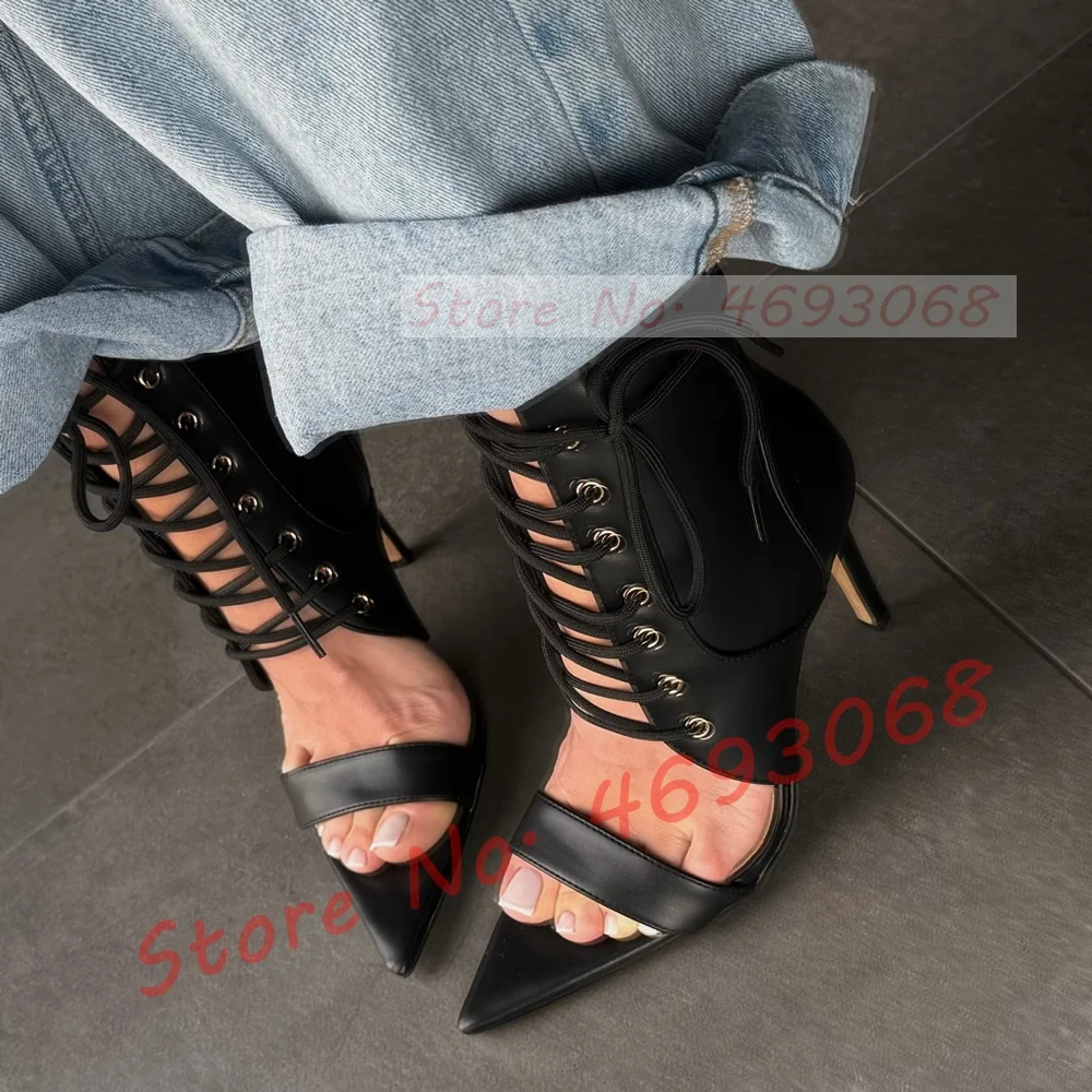 

Sexy Pointy Toe Cross Tied High Heels Sandals Women Black Front Lace Up Party Shoes Ladies Streetwear Splicing Leather Sandals