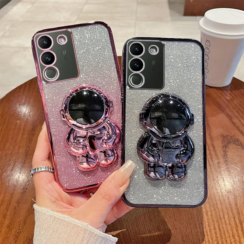 Y200 Y200e Astronaut Holder Phone Case For VIVO Y100i Y100t V29 Lite V29e V25 V21 V19 Neo V11i Gradient Glitter Back Cover