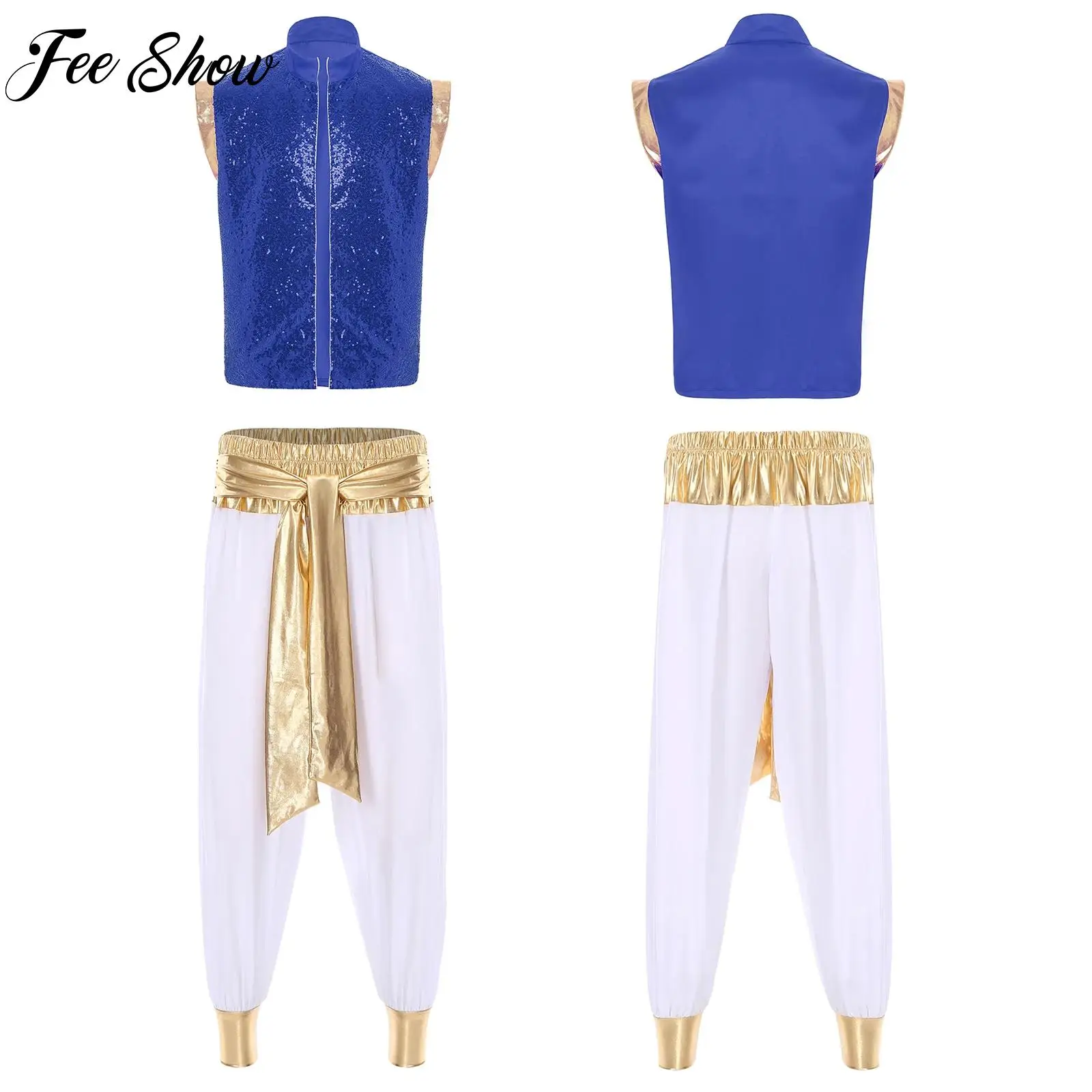 

Mens Arabian Prince Role Play Costume Sparkly Sequin Open Front Vest Waistcoat And Pants for Halloween Carnival Cosplay Party