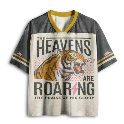 Retro Tiger Roar Letter Print Mesh V Neck Tee Men Vintage Animal Summer Loose Short Sleeve Top