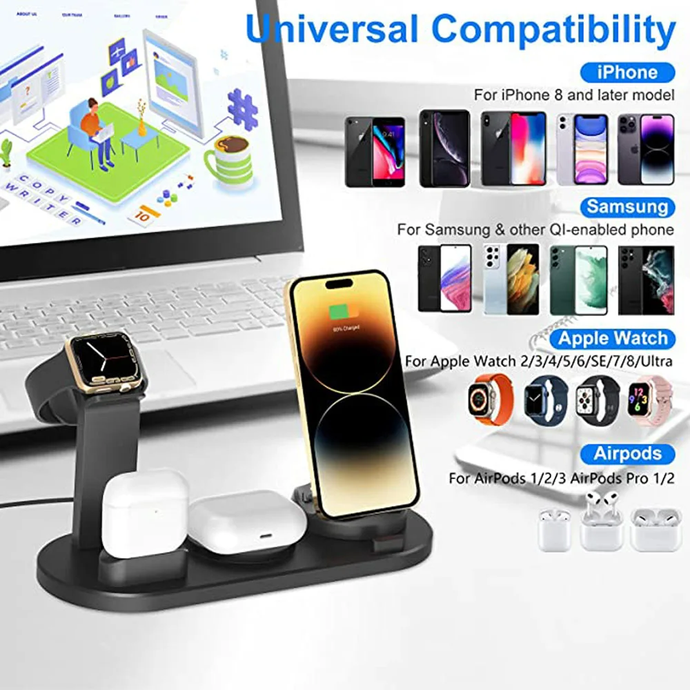 5 in 1 Universal Fast Charging Wireless Charger Stand Foldable Charging Station For Apple iWatch 8 7 Samsung Huawei IPhone 16 15