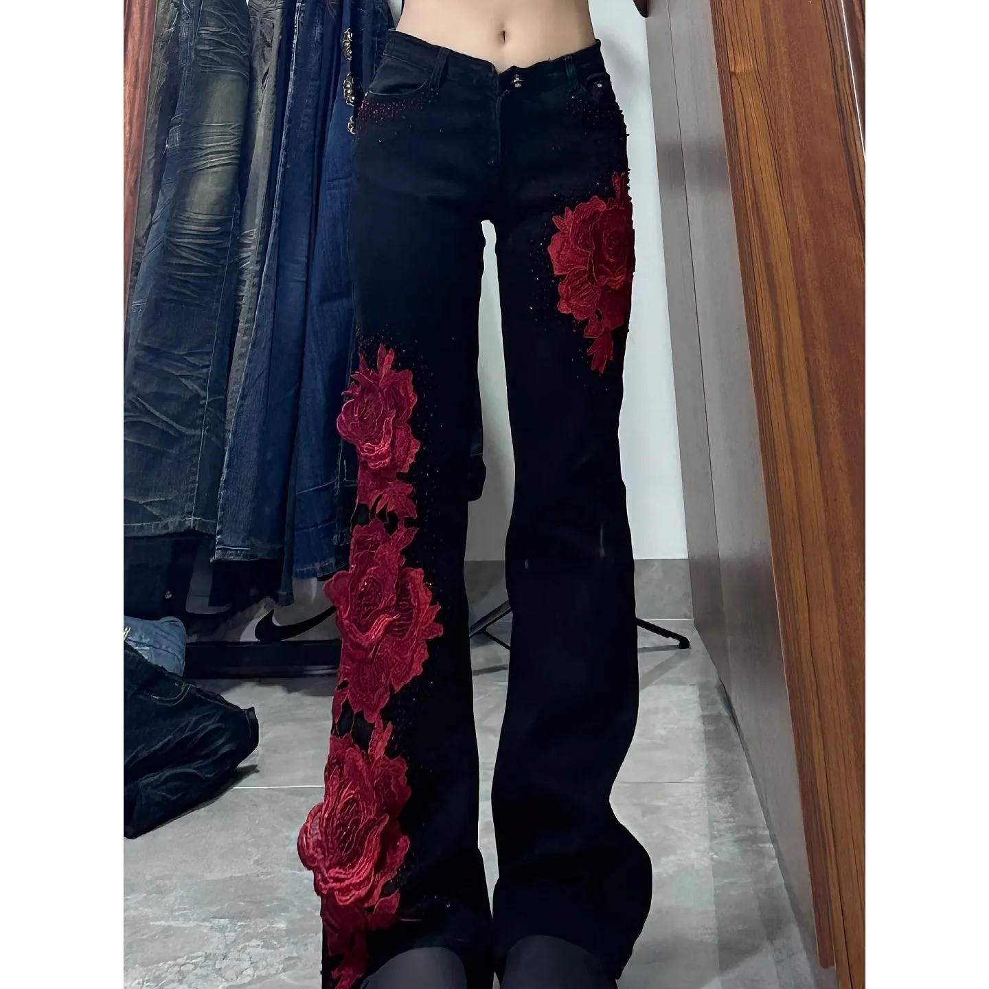 سراويل أمريكية مضيئة Y2k جينز وردي ثقافي عتيق للنساء سراويل جينز نسائية من قماش الدنيم #2