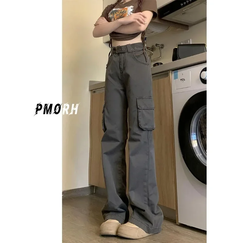 

2025 Spring New Gray Micro-pull Casual Overalls Women's American Fashion High-waisted Thin Multi-pocket Flared Floor Trousers