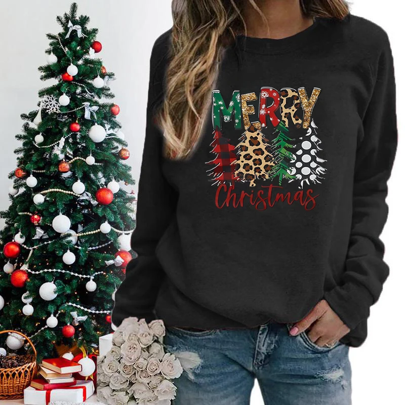 Christmas Trees Merry Christmas Sweatshirts For Women Crew Neck Long Sleeves Winter Fashion Ladies Xmas Gifts Sweatshirts