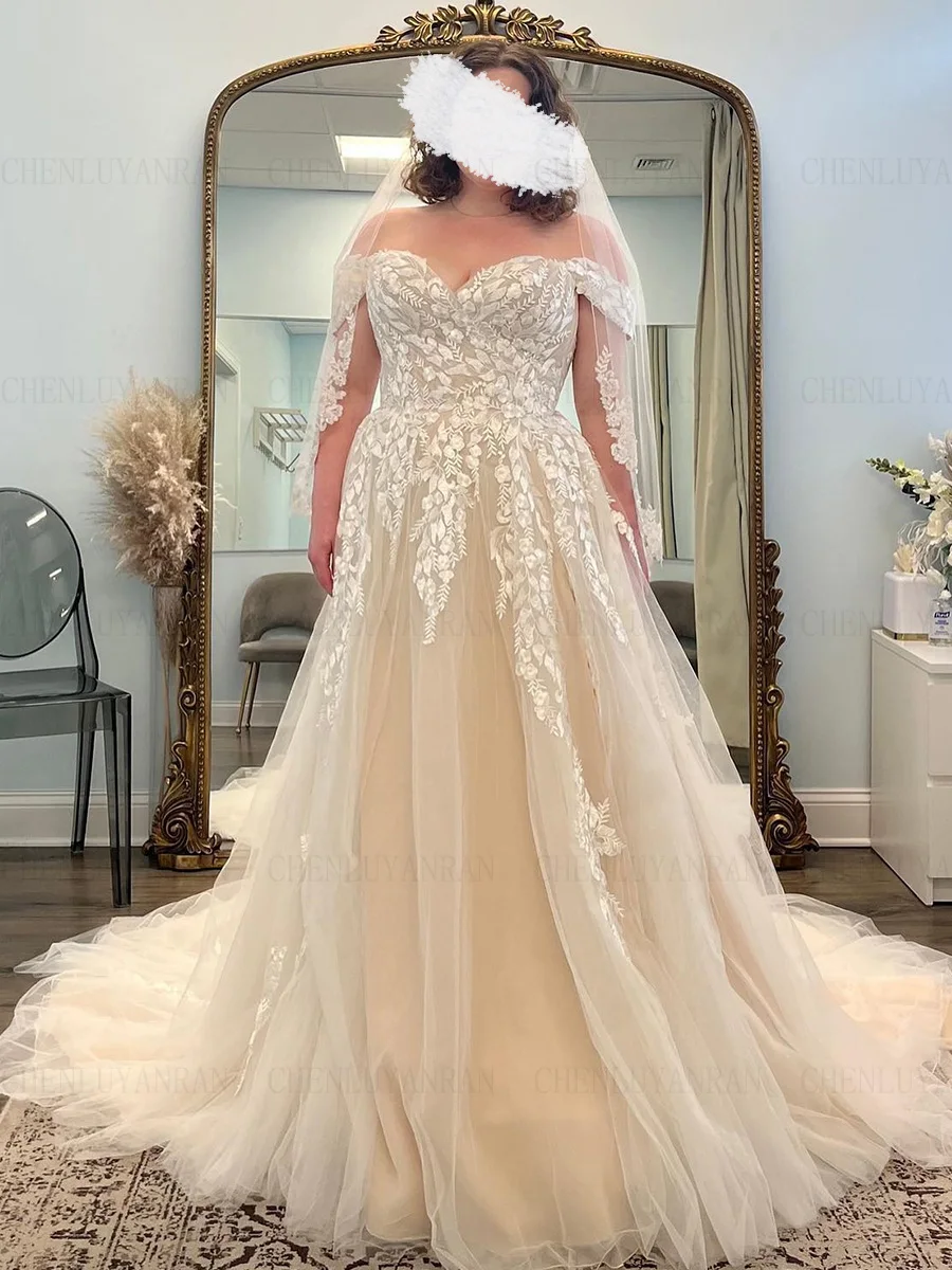 Champagne Fashion Wedding Dresses Applique Off-Shoulder A-Line Bride Gowns Sweep Train Sexy Dress For Women 2025 Robe De Mariée