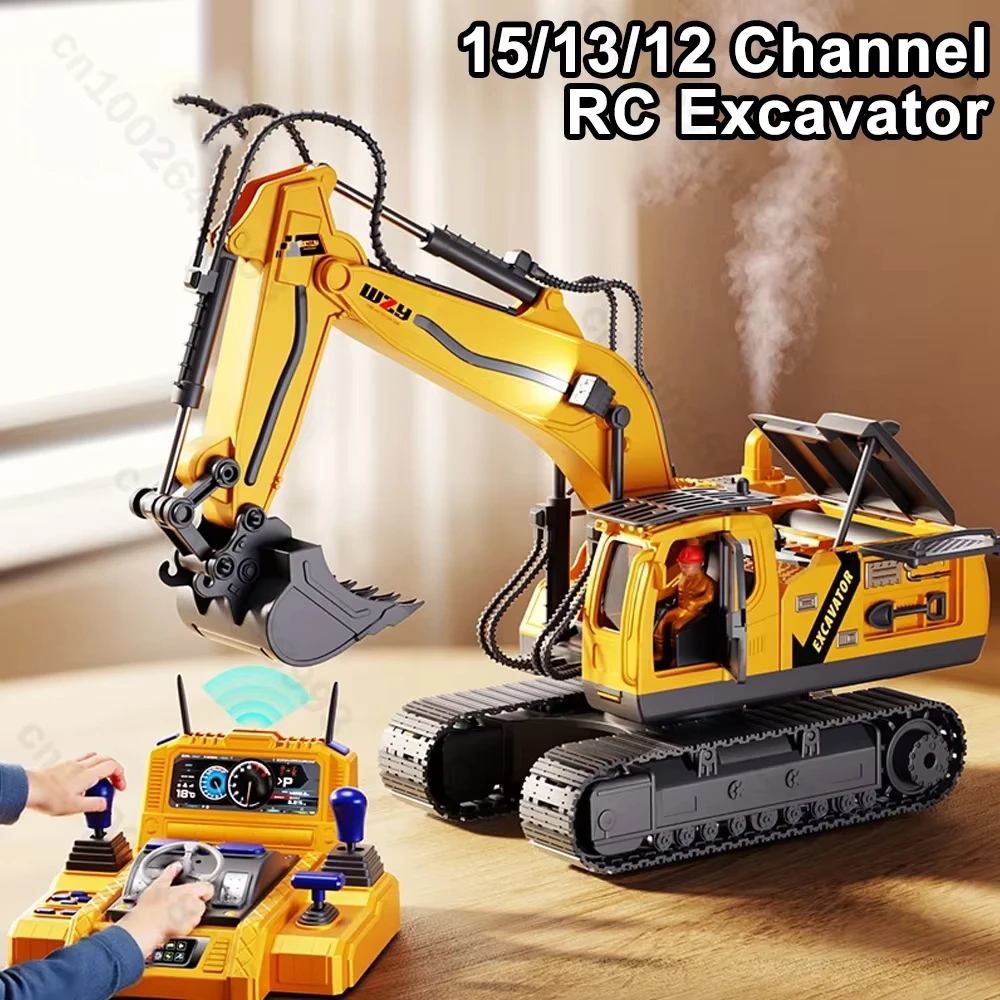 12/13/15CH Alloy Remote Control Excavator Toy Car with Lights Sound Effect Electric Excavator Engineering Vehicle Children Gifts