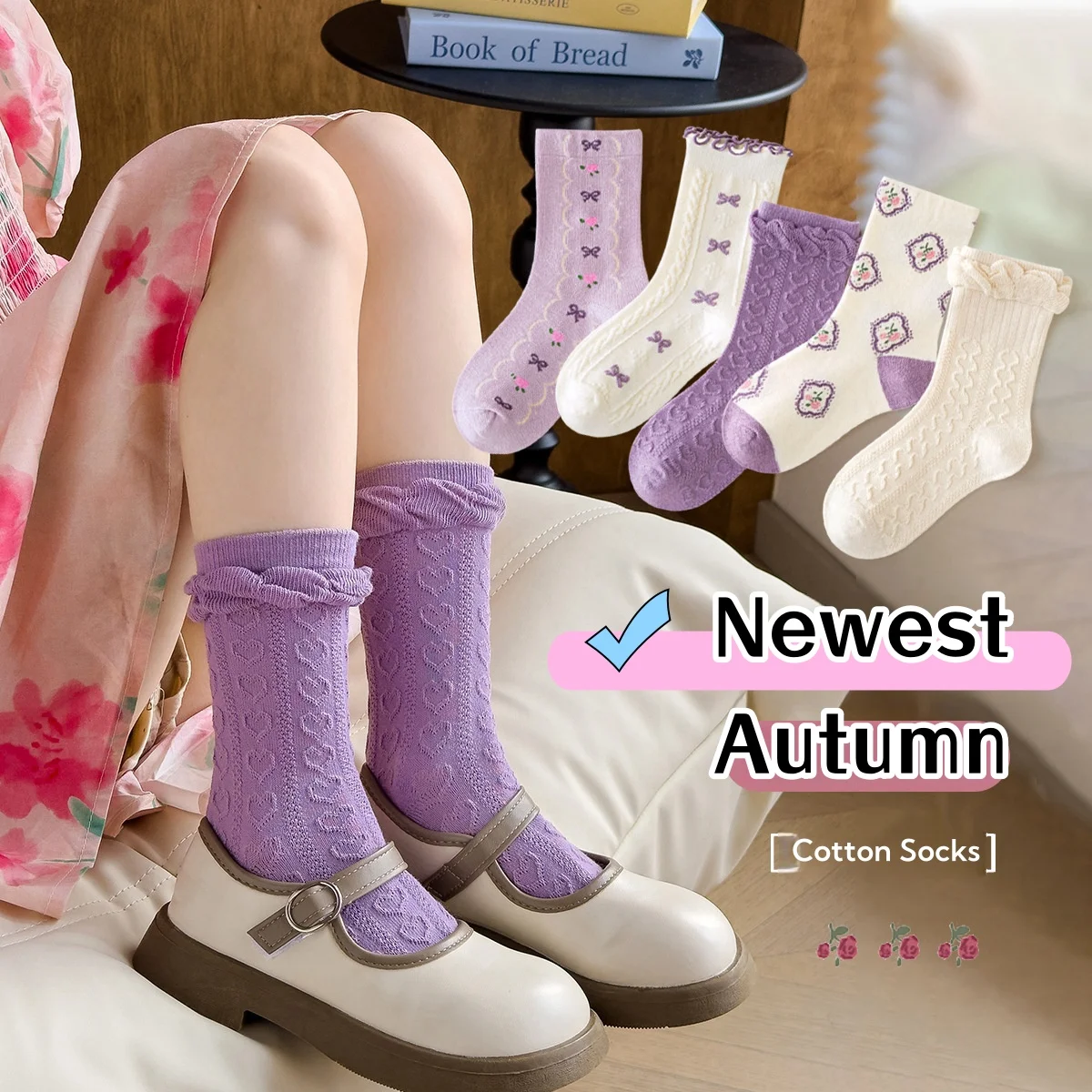 Autumn Girls Socks Sweet Floral Purple Ruffle Socks Children\'s Calf Socks Baby Cotton Socks 5 Pairs