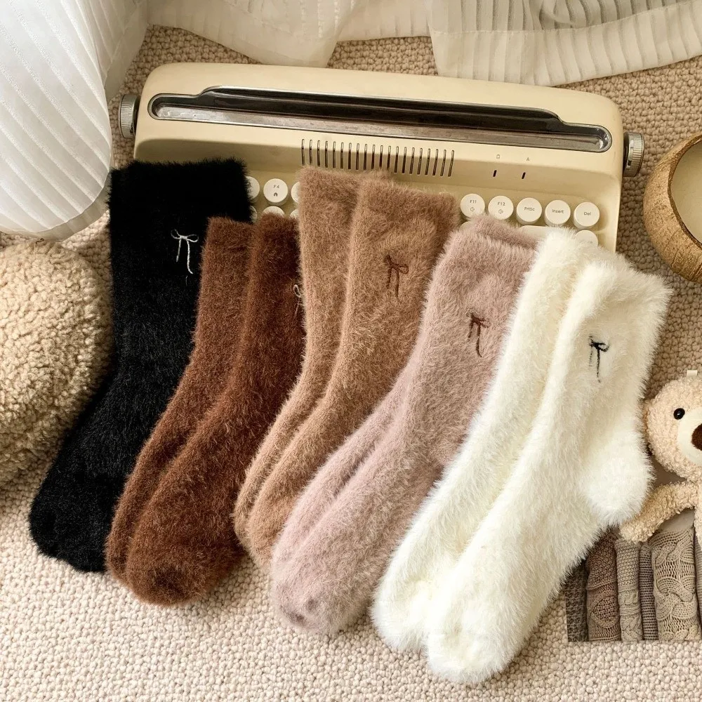 

Autumn Winter Warm Floor Socks Fleece Thickened Bowknot Sleep Socks Embroidered Soft Furry Socks Women