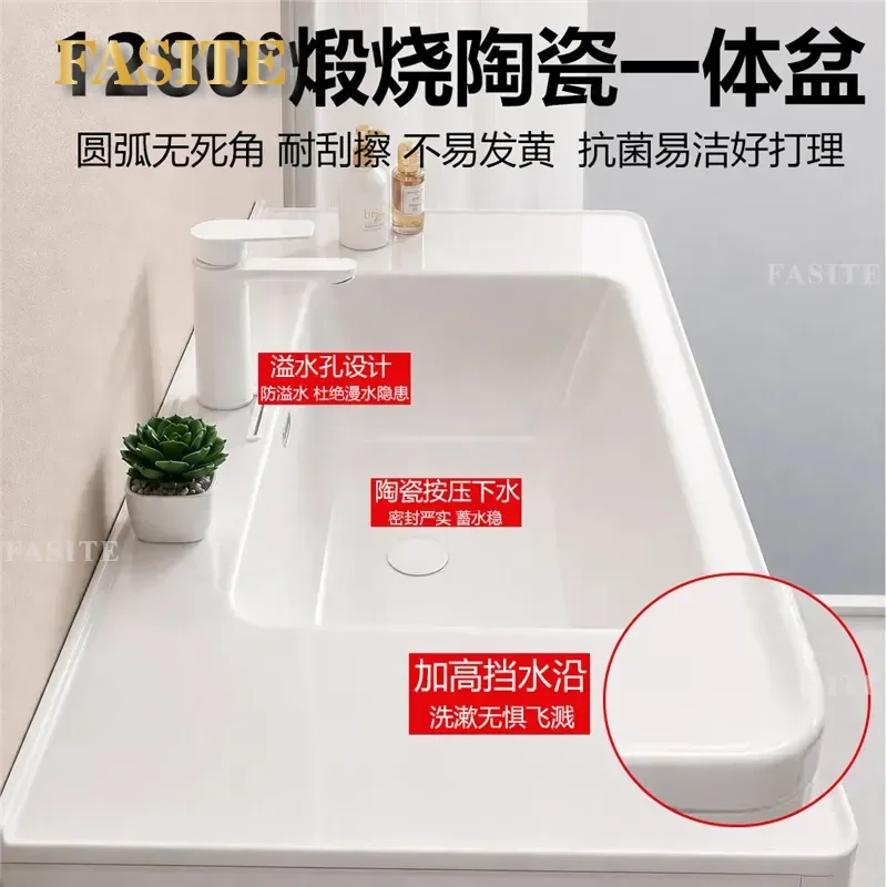 For Medieval Walnut Color Rubber Wood Bathroom Cabinet Set with Ceramic Integrated Basin Hand Wash Sink Vanity Combo Storage