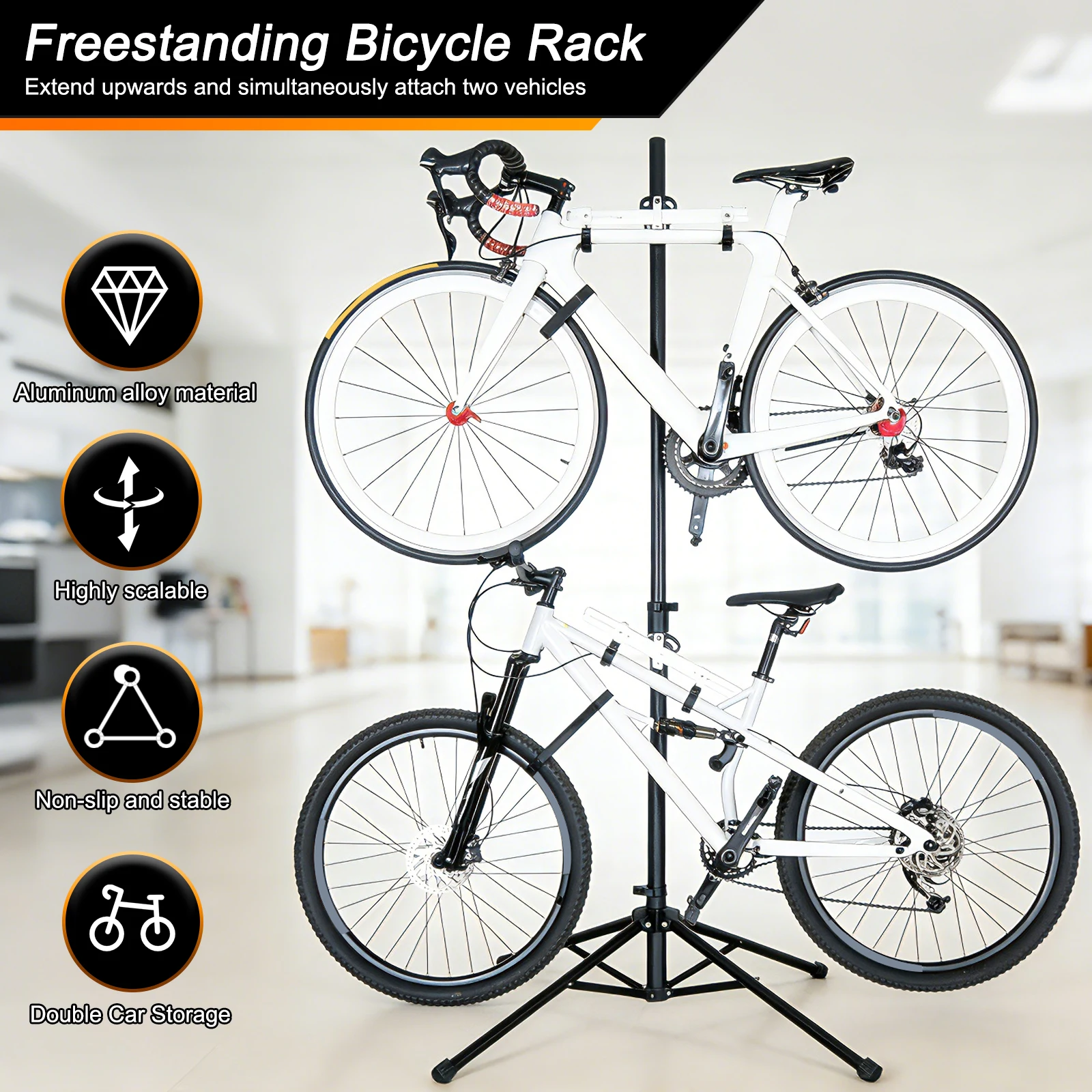 

Two Bike Gravity Pole Stand Garage Space Saving Bicycle Work Stand Hanger No Drilling Required for Apartment Bikes Safe & Secure