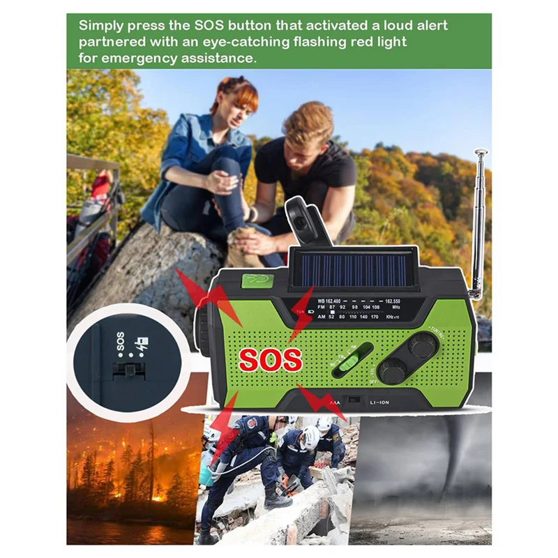 -BOFF 2X راديو الطقس في حالات الطوارئ كرنك اليد المحمولة شحن الطاقة الشمسية مع AM/FM/NOAA مصباح ليد جيب SOS تنبيه 2000Mah