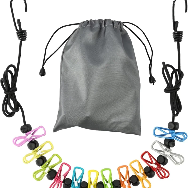 Elastic Windproof Clothesline with 12 Built-in Anti-Wind Clips Adjustable Non-Slip Positioning Buckle Portable Laundry Rope for