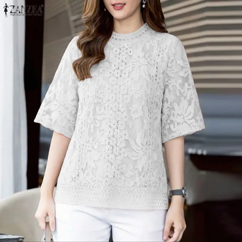 

2026 ZANZEA Summer Lace Crochet Shirt Women Casual Embroidered Patchwork Holiday Blouse Elegant Half Sleeve Hollow Out Work Tops