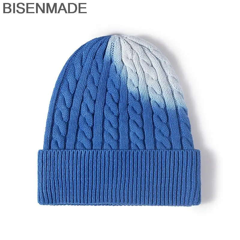 

BISENMADE Cotton Knitted Hat For Women Autumn Twist Tie-Dye Men Skullcap Casual Winter Outdoor Keep Warm Round Top Beanie Cap