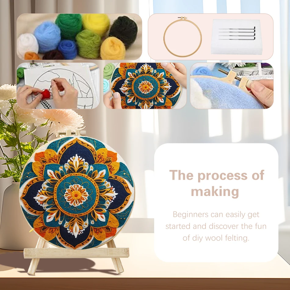 PhotoCustom Wool Felt Kit With Frame Felting Needles Mandala Flower Butterfly Wool Felt Tool DIY Handwork Wool Felting Painting