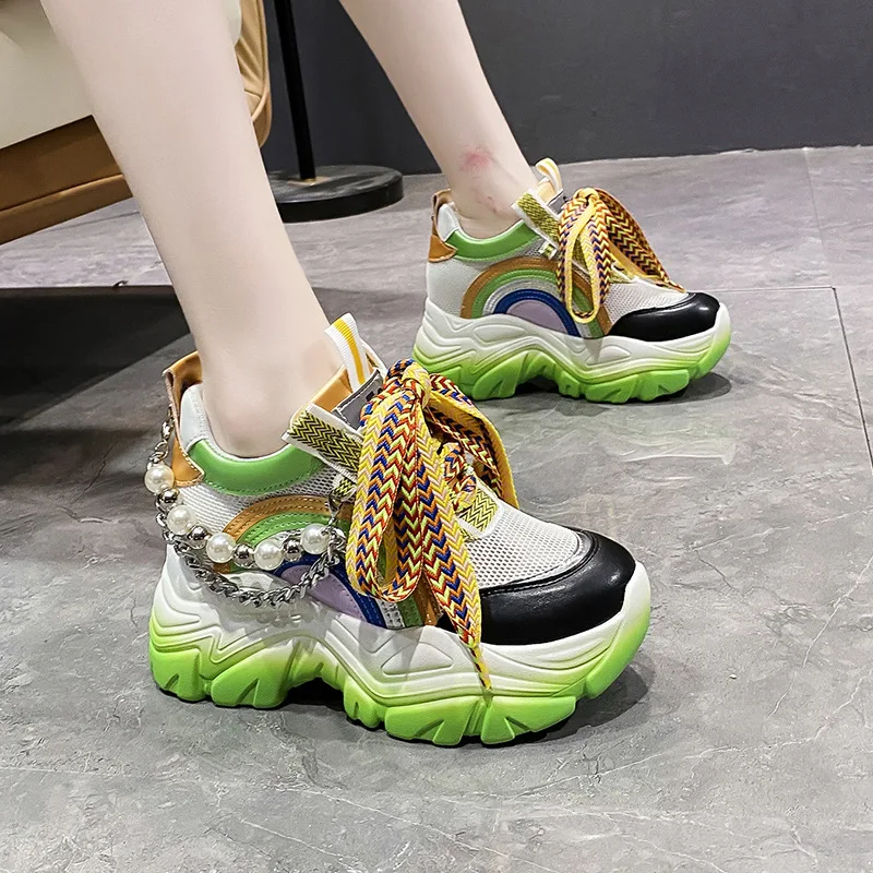 2023 Women Lace Up Sneakers Woman Thick Sole Non-slip Shoes Lady Waterproof Colorblock Chunky Sneakers Female Casual Shoes