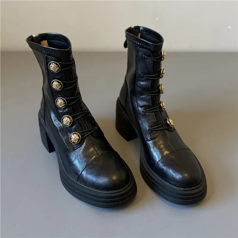 

Leather high-heeled short boots for women British style autumn and winter thick heeled slim boots thick soled short boots