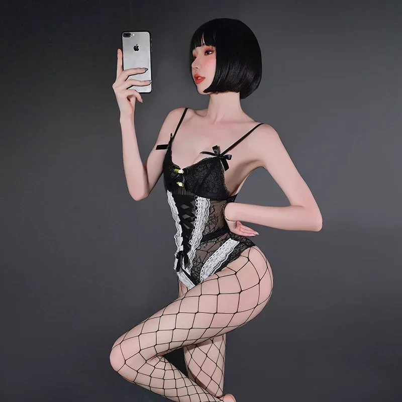 Lencería Sexy de encaje para mujer, traje de cuerpo sin entrepierna, vestido de sirvienta atado, disfraz SM femenino, picardías erótico, ropa interior porno de peluche