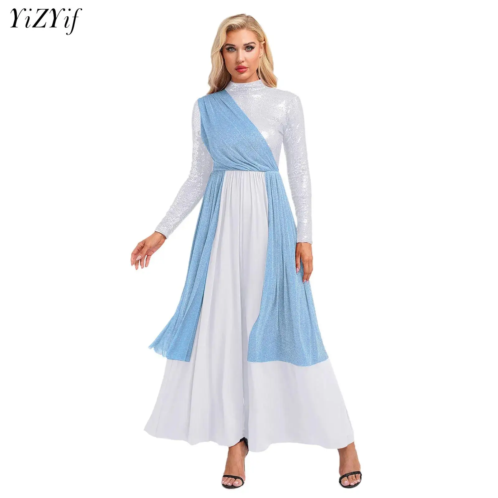 Women Modern Lyrical Dance Costume Praise Worship Performance Dancewear Overlay Baggy Liturgical Jumpsuit for Ballroom Church