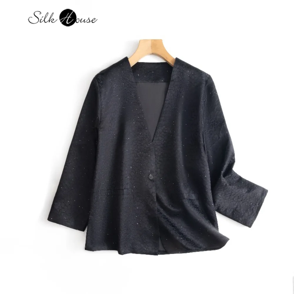 2026 Women's Fashion Spring New Chanel-style Black 55% Wool 25% Natural Mulberry Silk Ice Cracked V-neck Long Sleeved Suit