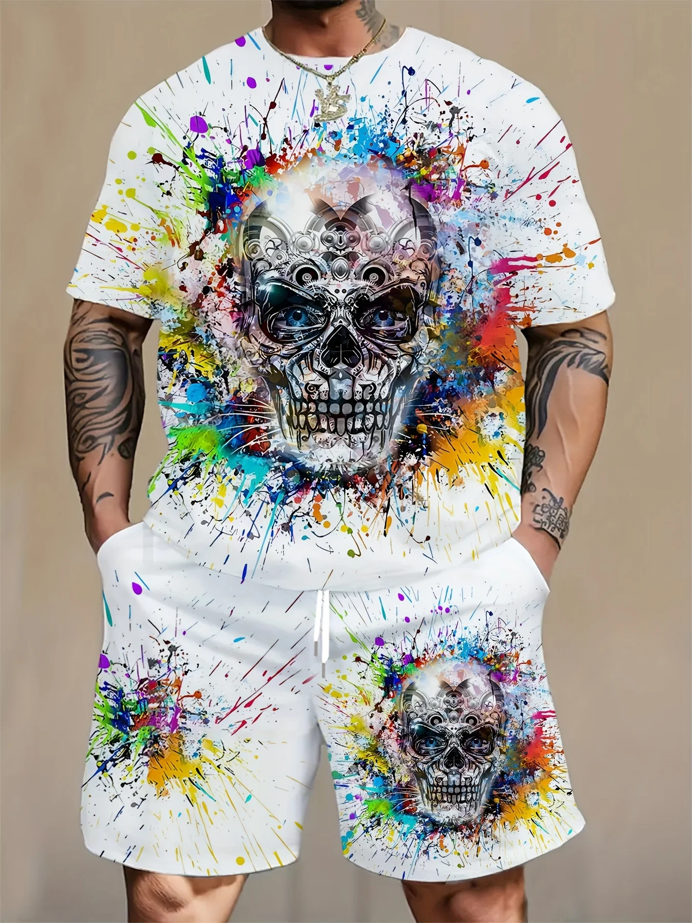 

Men's 2-pack, casual crew neck t-shirt with skull print and drawstring pocket shorts, 100% polyester jersey fabric, slight stret