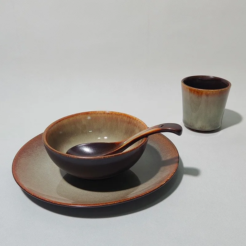 

Kiln change glaze brown hotel creative bowl plate set ceramic plate combination set retro style ceramic table tableware