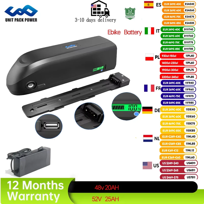 

21700 Electric Bike Battery 48V 20Ah 52V 19.2Ah 6pins Downtube for 500W 750W 1000W 1500W Electric Fit for Mileage Extension