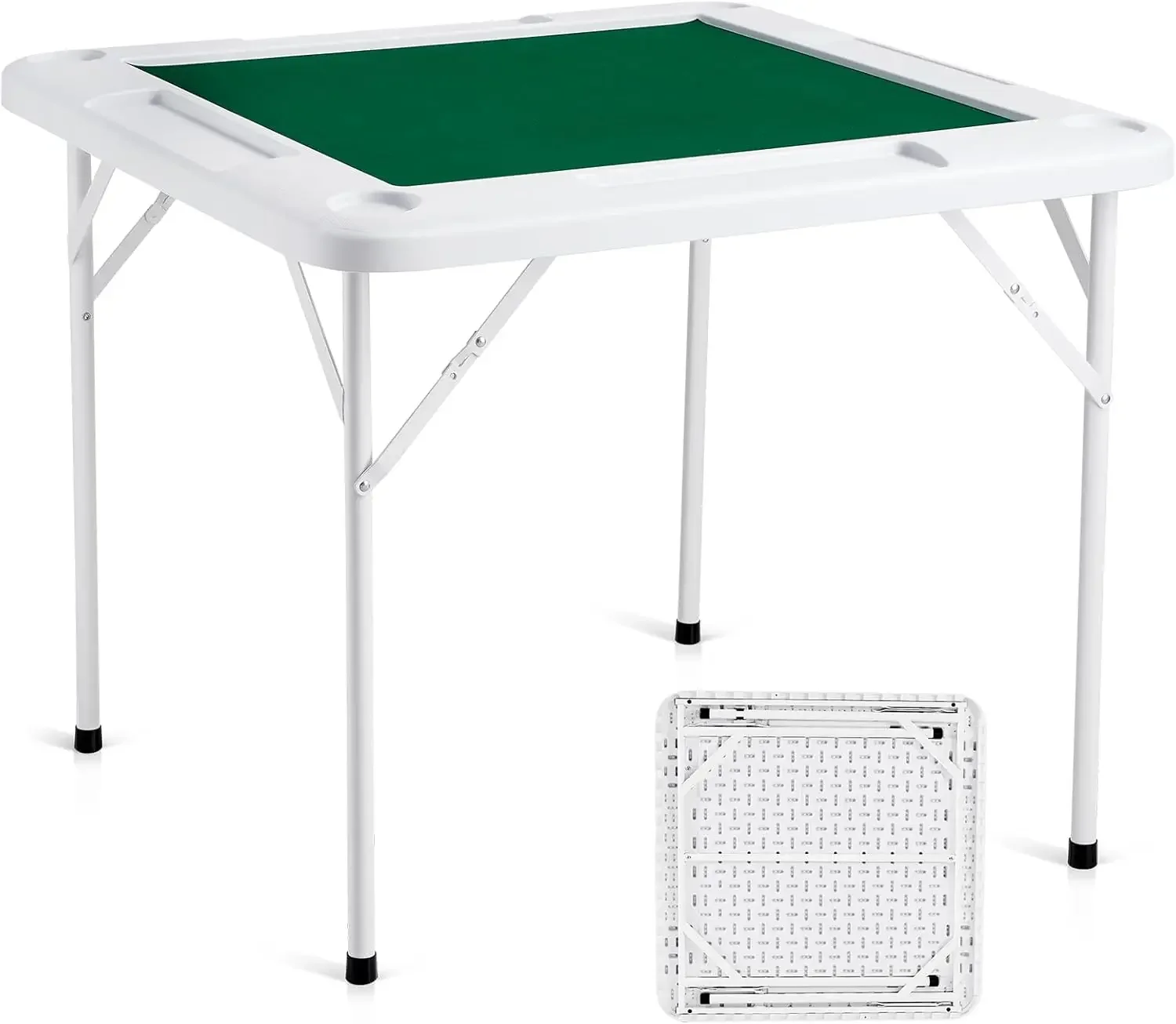 VEVOR Mahjong Table, 4 Player Folding Domino Table with Wear-Resistant Green Tabletop, Portable Square Card Table with 4 Cup Hol