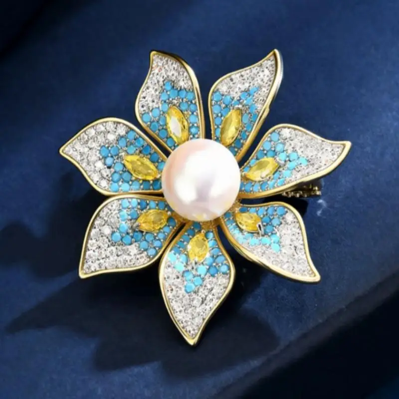 Fashion Rhinestone Pearl Flower Brooch Pin for Women Clothing Accessories Coat Dress Party Decor