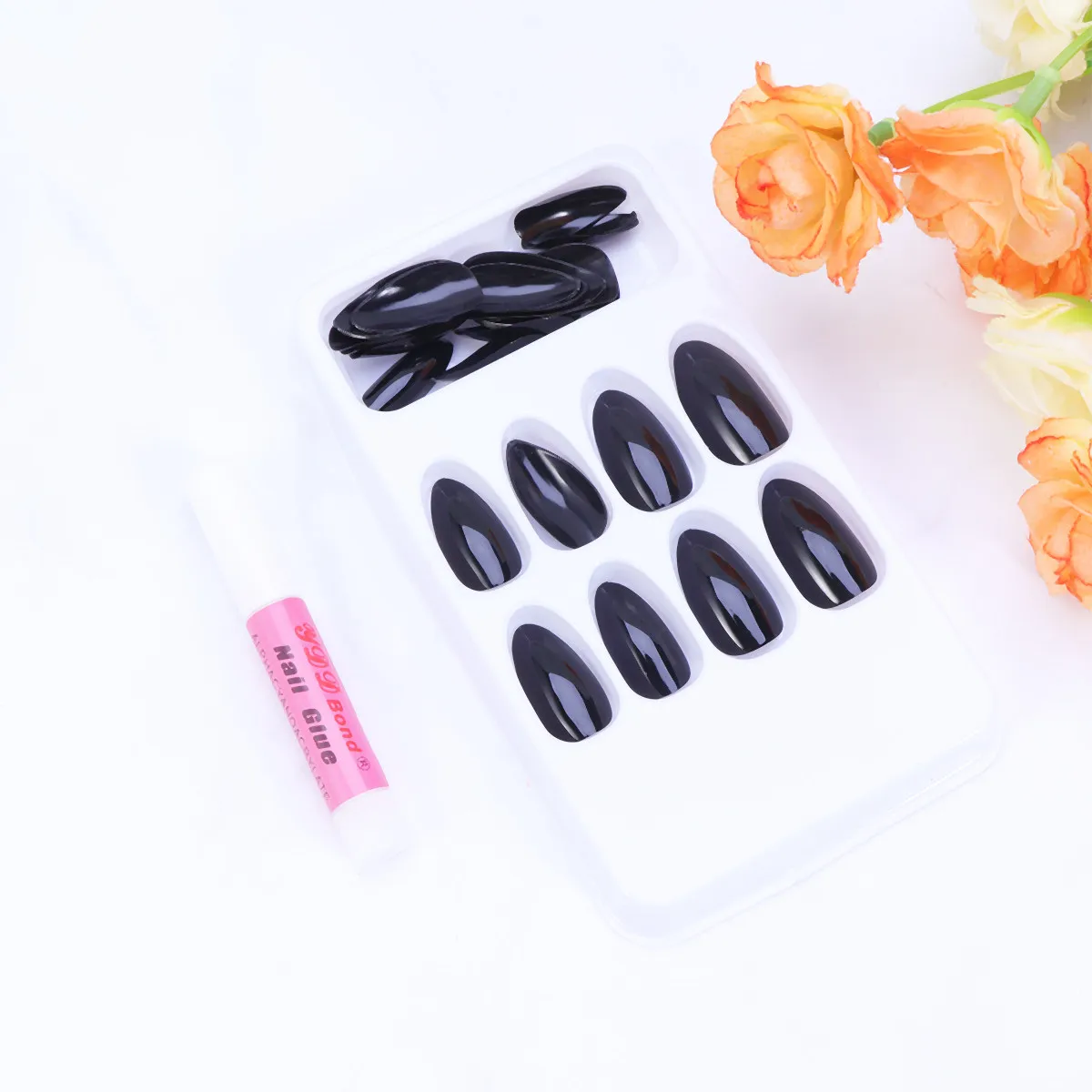 48Pcs Lady False Nail Set Long Point Black Exquisite Detail Premium Plastic Fake Nails for Nail Art Beginners Easy Stick on