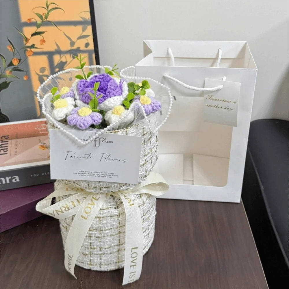 

with Light Crochet Flowers Bouquet Gift Wedding Decor Knitted Flower Bouquet Home Decoration Handmade Puff Flower Bouquet