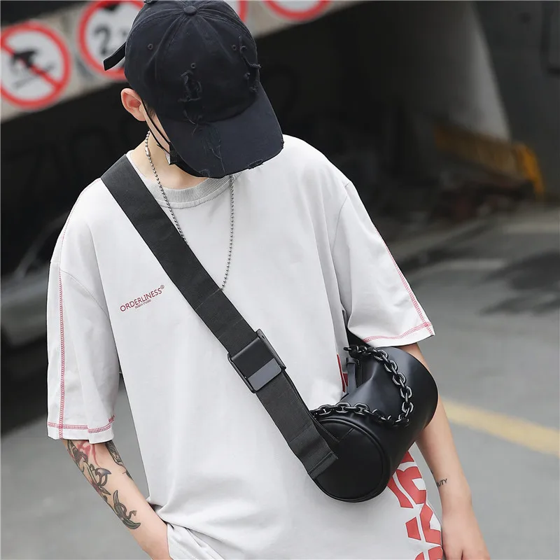 VC Minimal Street Trend Men\'s Shoulder Bag Fashion Chains Barrel-shaped Sling Bag Soft PU Leather Small Crossbody Bags for Men