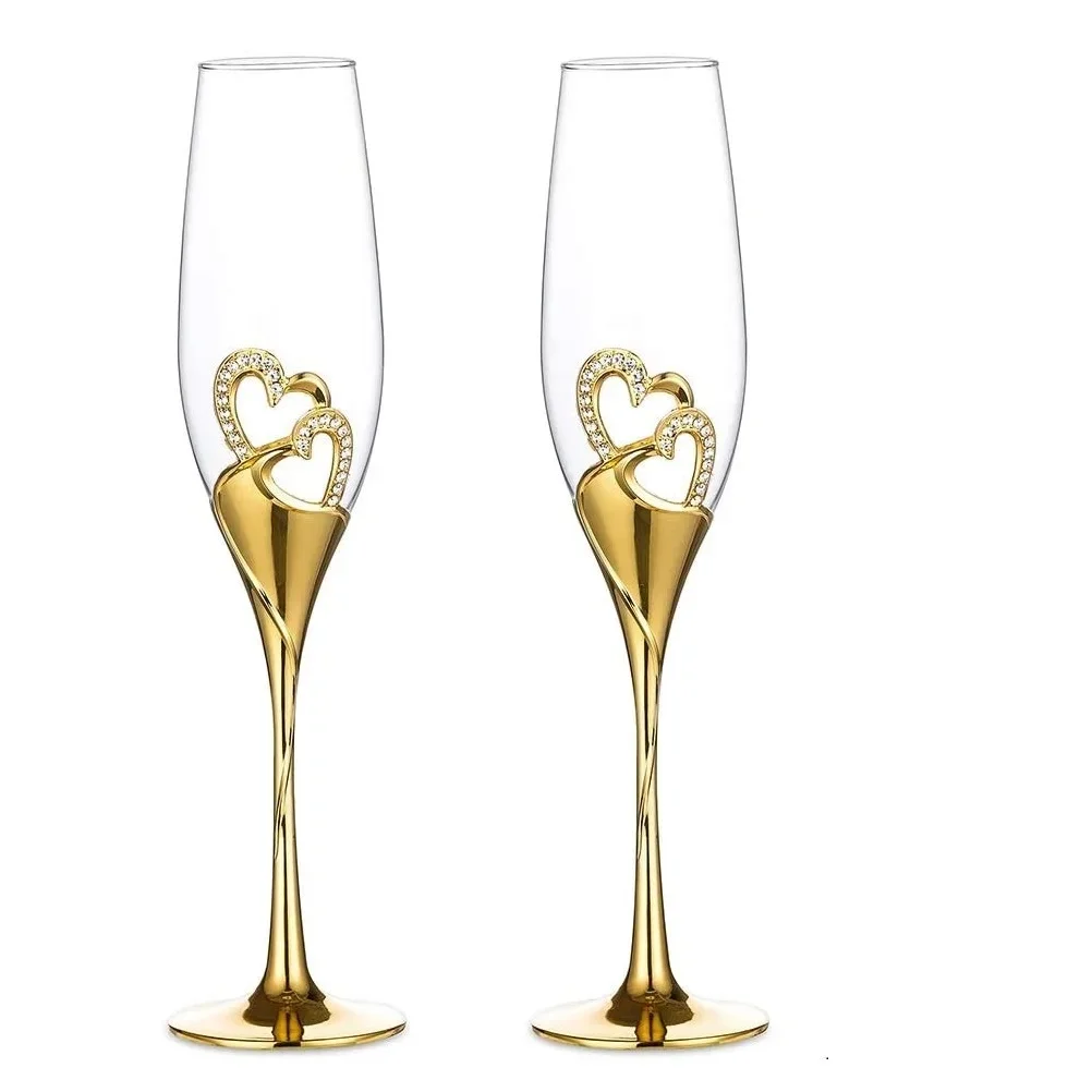 200ml Wedding Crystal Champagne Glasses Flutes Gold Engrave Party Goblet Birthday Decoration Wine Glass Dinnerware Gift 2pcs